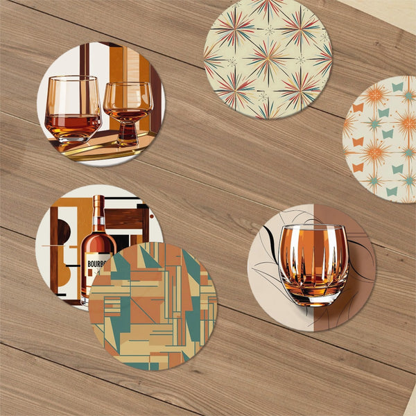 Mid Century Modern Barware, Bourbon Whiskey Cocktail Round Ceramic Coasters Set of 6