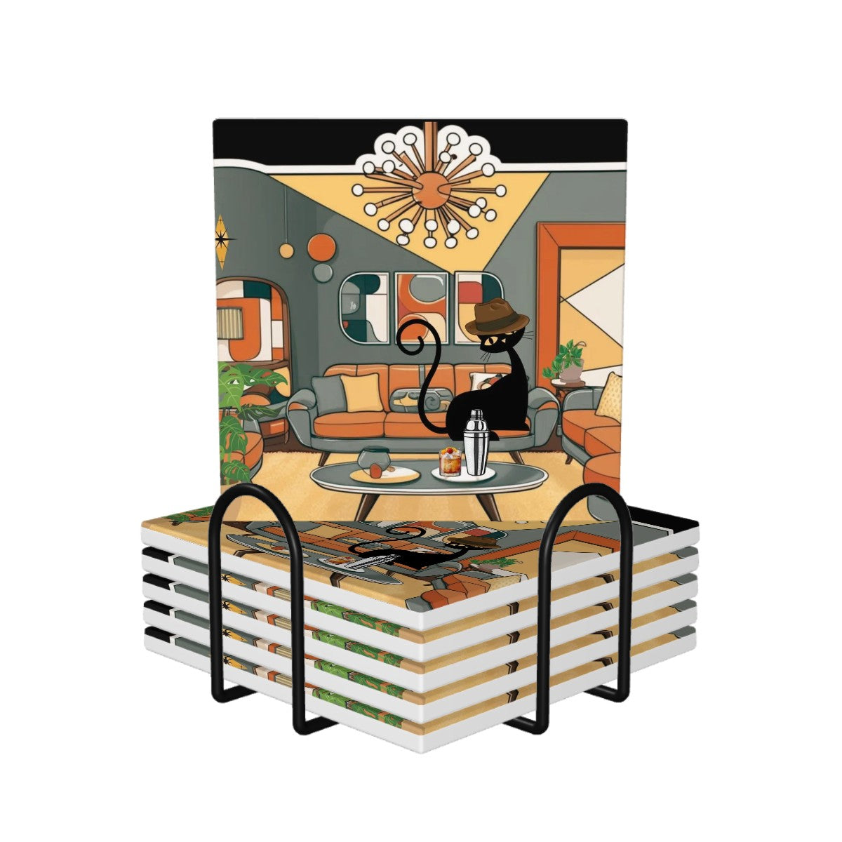 Mid Mod Dude Cool Atomic Cat, Retro Cermaic MCM Barware Coasters - Mid Century Modern Gal
