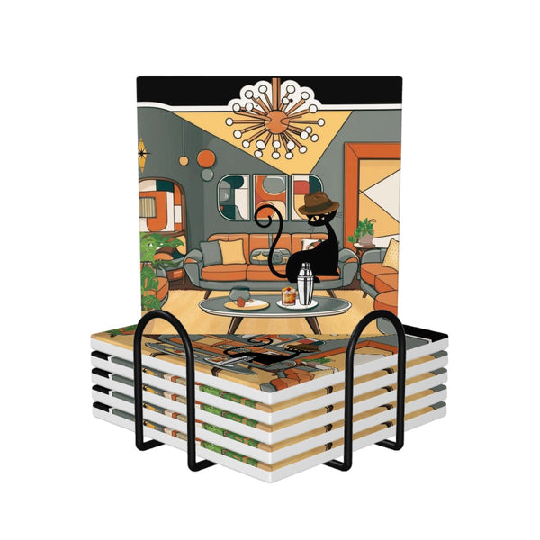 Mid Mod Dude Cool Atomic Cat, Retro Ceramic MCM Barware Coasters
