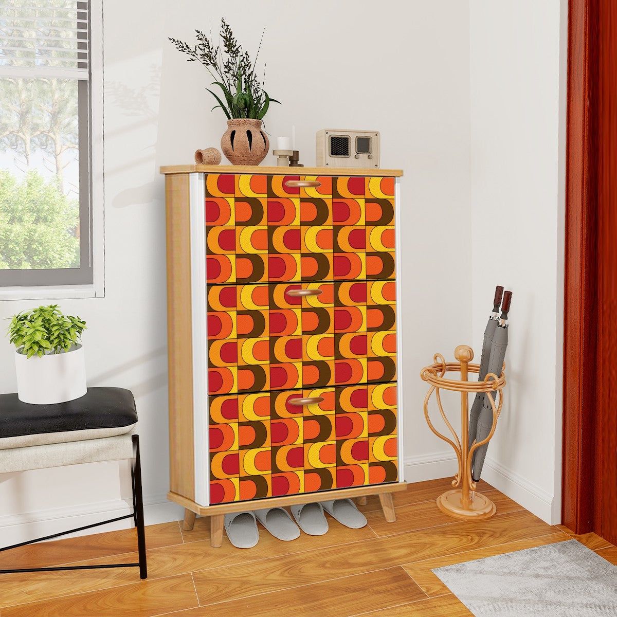 Retro Mid Mod Shoe Storage Cabinet, Orange Yellow, Brown Groovy 70s Design - Mid Century Modern Gal
