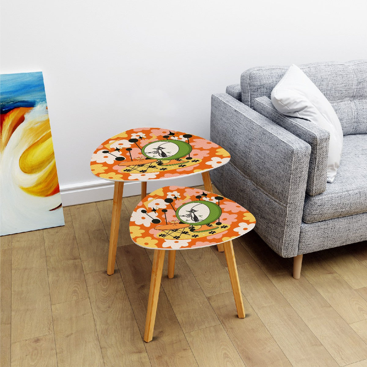 Mid Century Modern Nesting Tables Retro Orange Groovy Flowers Adorned With Atomic Martini Cat Design - Mid Century Modern Gal