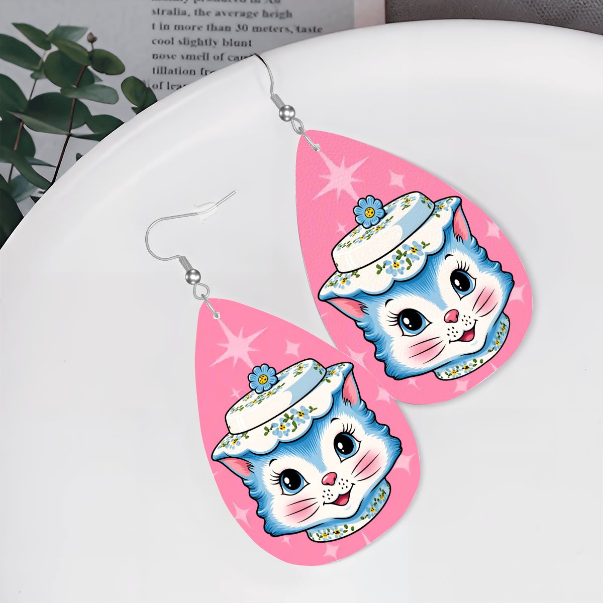 Mid Century Modern Kitschy Anthropomorphic Blue Cat with Floral Hat Vegan Leather Teardrop Earrings
