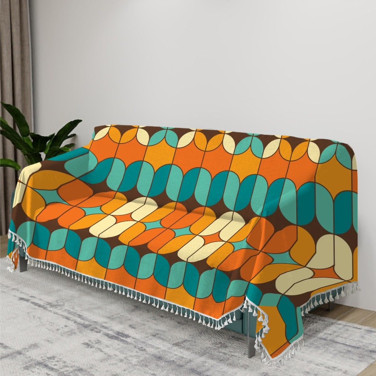 Retro Style Couch Cover, Mid Century Modern Geometric Orange, Teal Blanket Couch Cover - Mid Century Modern Gal