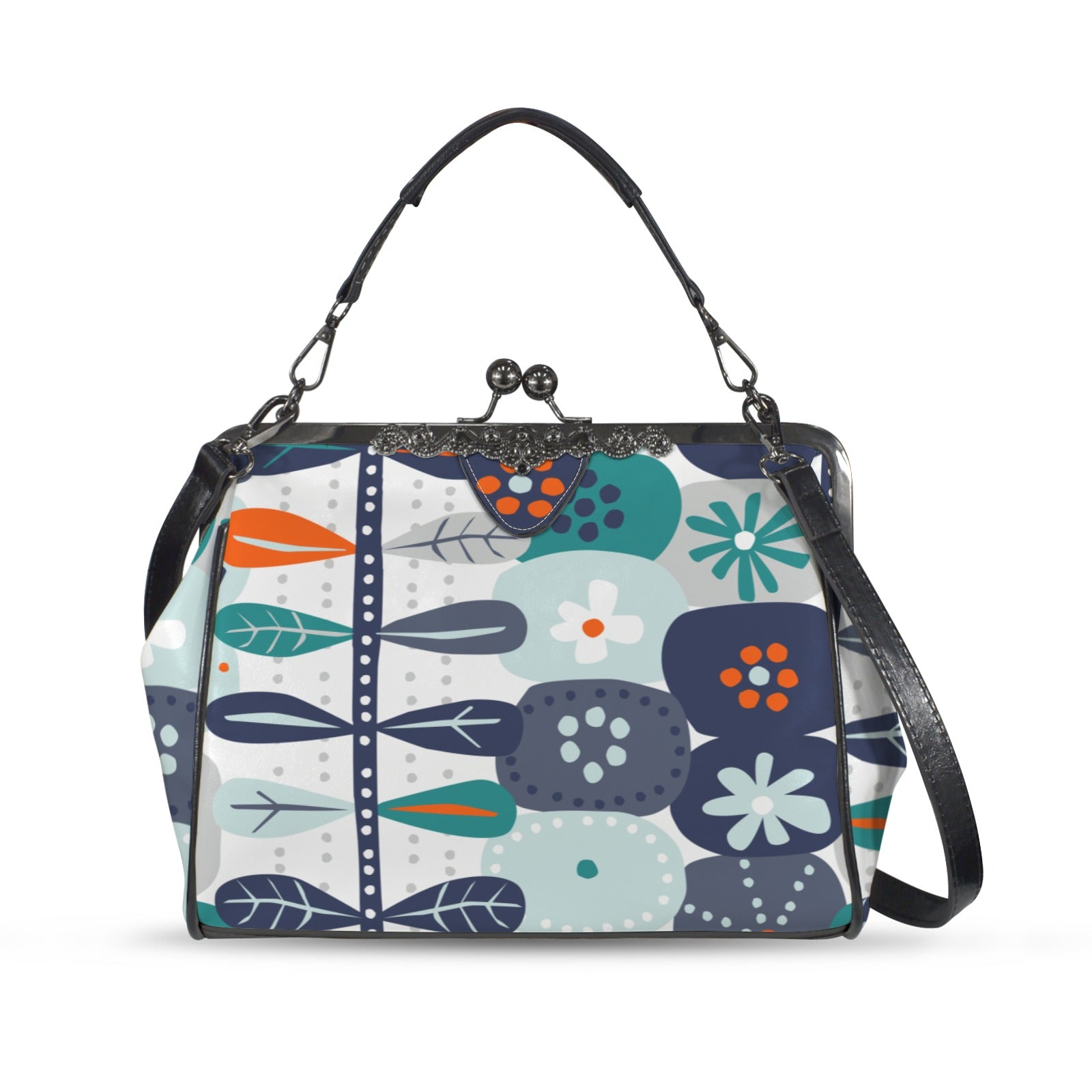 Scandinavian Blue Orange White Teal Modern Danish Floral Kisslock Crossbody Purse - Mid Century Modern Gal