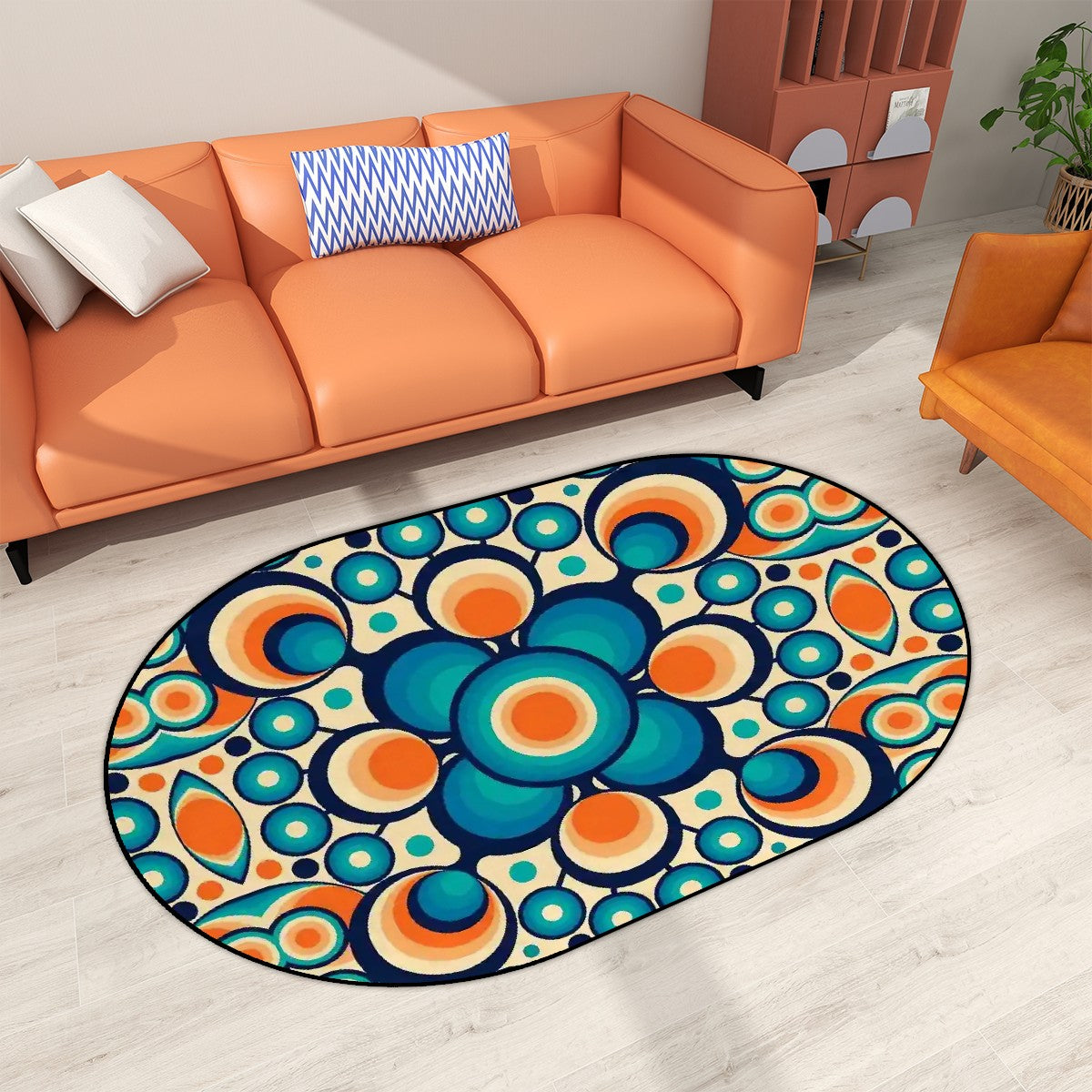 Retro Groovy Space Orbs, Orange Blue MCM Oval Rug Mat - Mid Century Modern Gal
