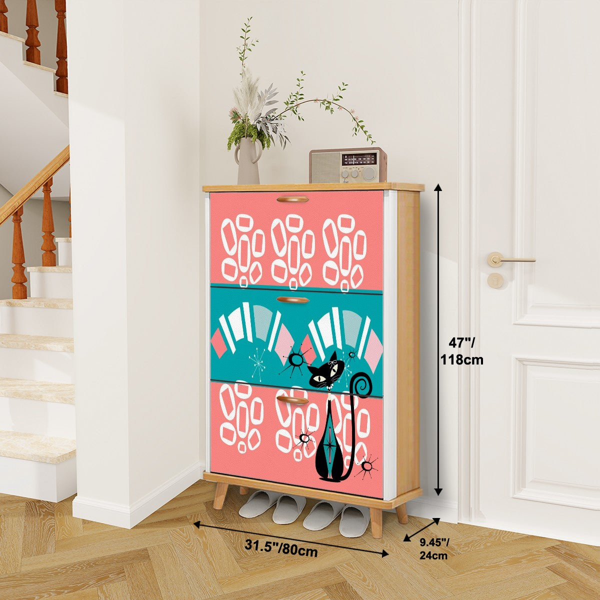 Mid Century Modern Storage Shoe Cabinet, Coral, Teal Kitschy Mod Cat Design - Mid Century Modern Gal