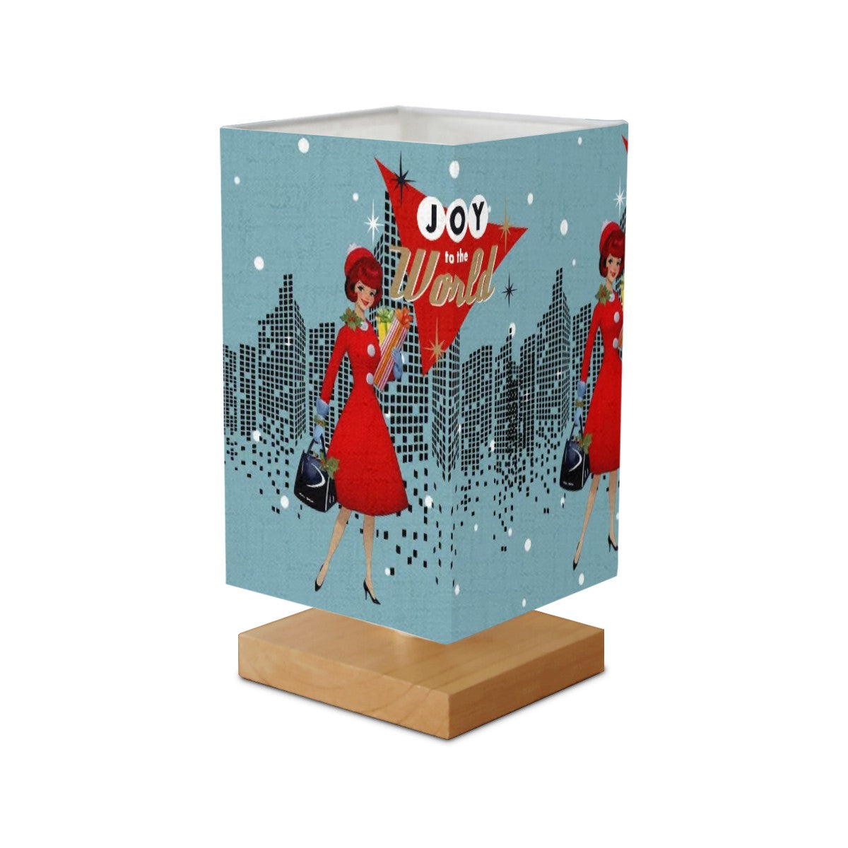 Mid Century Modern Christmas Table Lamp, Kitschy Joy To The World Mod Gal In City Square Table Lamp - Mid Century Modern Gal