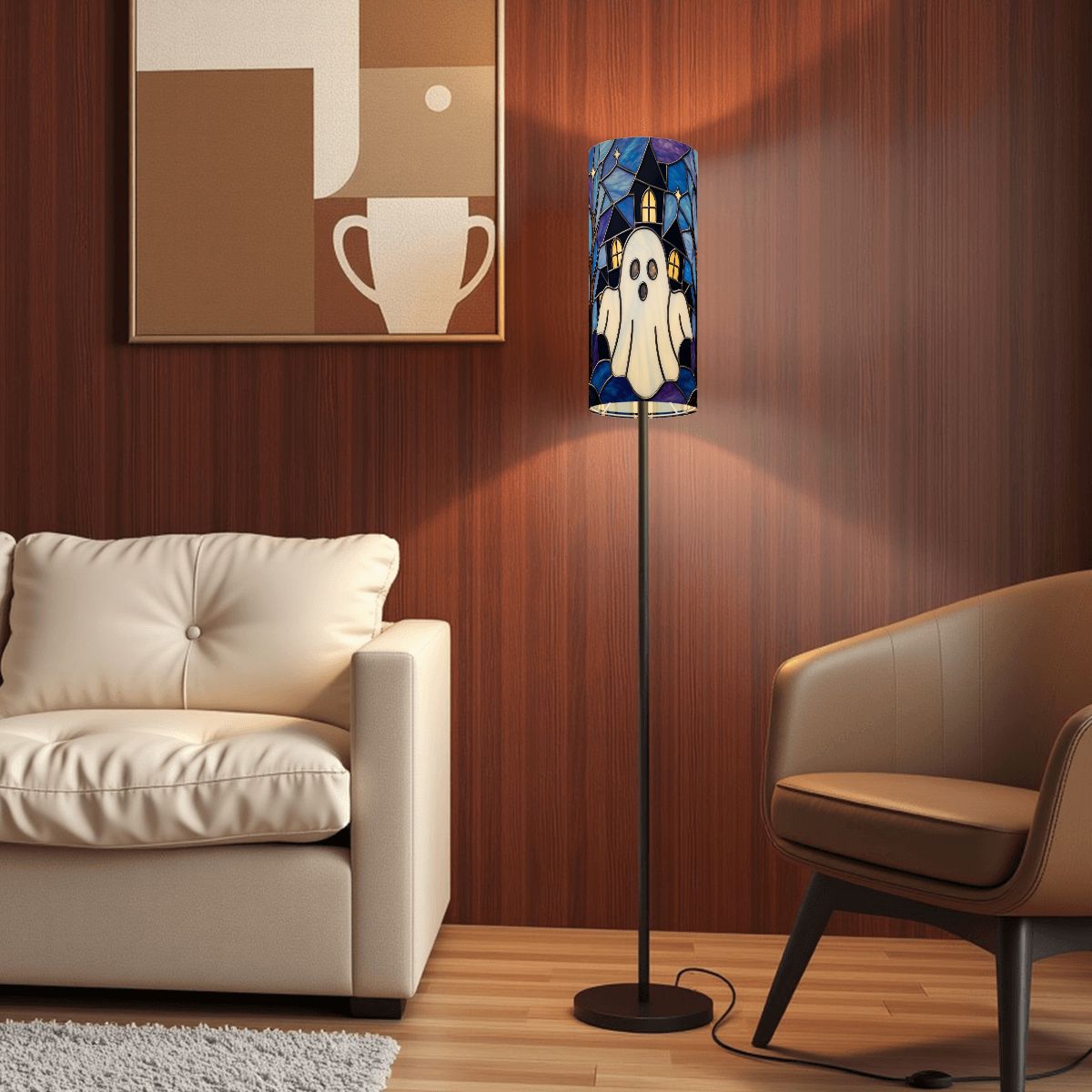 Halloween Stained Glass Style Ghost Haunted House Slim Floor Lamp SHADE ONLY - For Slim Floor Lamps Only