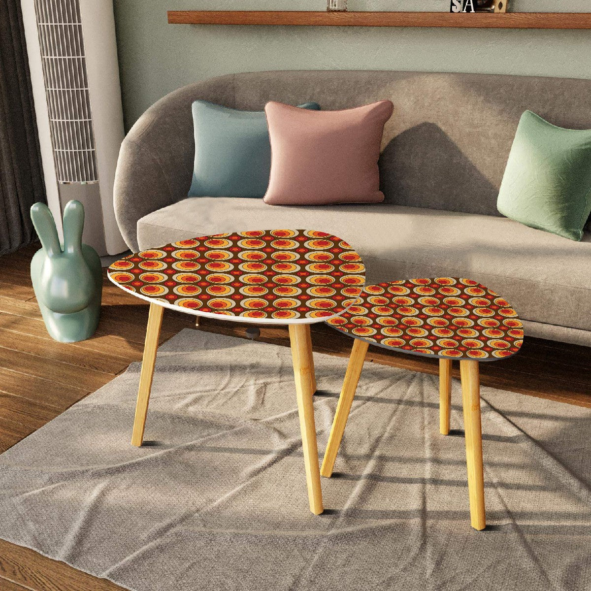 Retro Groovy Space Orbs, Mid Mod Orange Brown Yellow Hip Nesting Tables For MCM Living Room, Bedroom - Mid Century Modern Gal