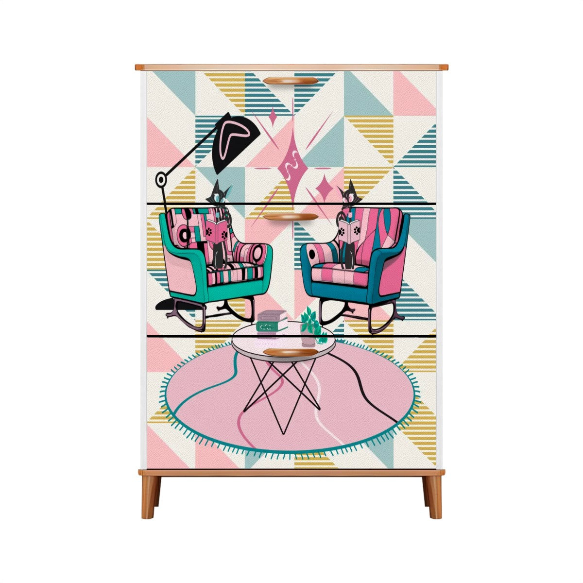 Atomic Reading Cats Kitschy Mod Retro Pink Quirky MCM Shoe Cabinet Furniture - Mid Century Modern Gal