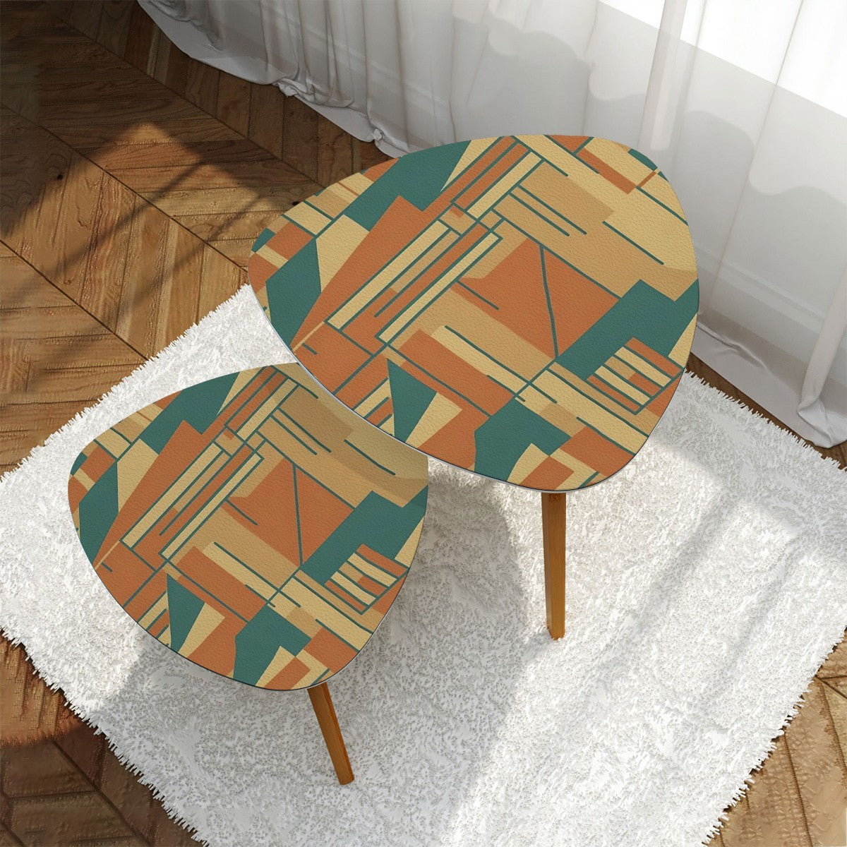 Mid Century Modern Geometric Bauhaus Designed Brown Teal Mod Cocktail Side Tables - Mid Century Modern Gal