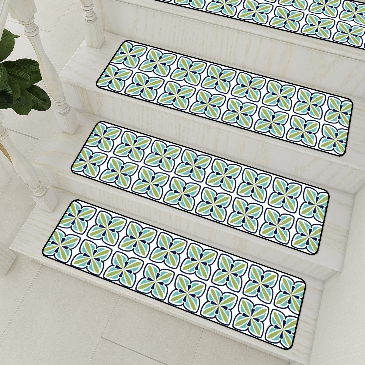 Scandinavian Blue Green White, Mid Mod Carpet Stair Treads - Mid Century Modern Gal