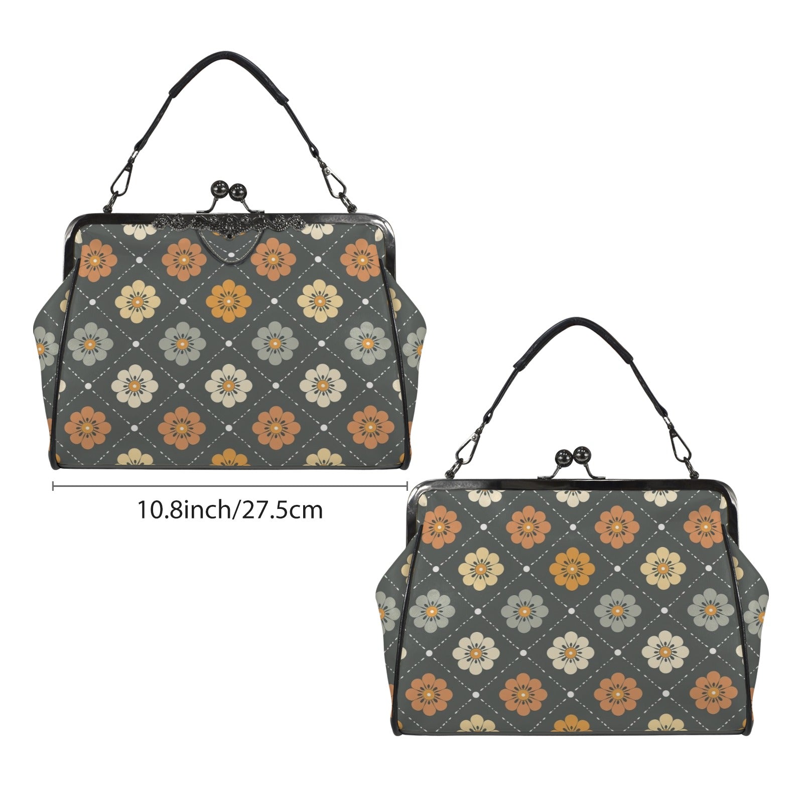Scandinavian Floral, Mustard Yellow, Gray Mid Century Modern Kisslock Crossbody Purse - Mid Century Modern Gal