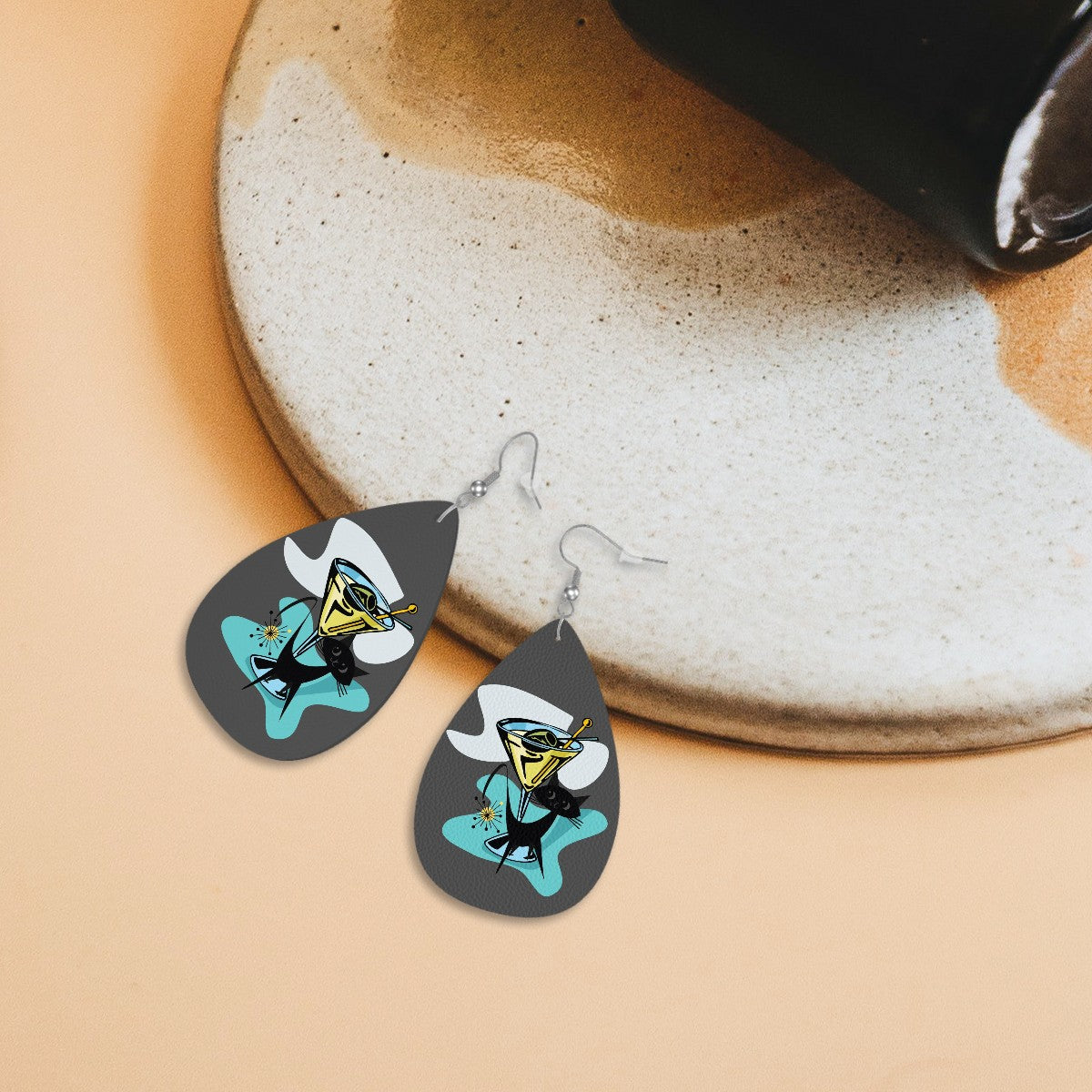 Atomic Cat Martini Cocktail Teardrop Vegan Leather Earrings - Mid Century Modern Gal