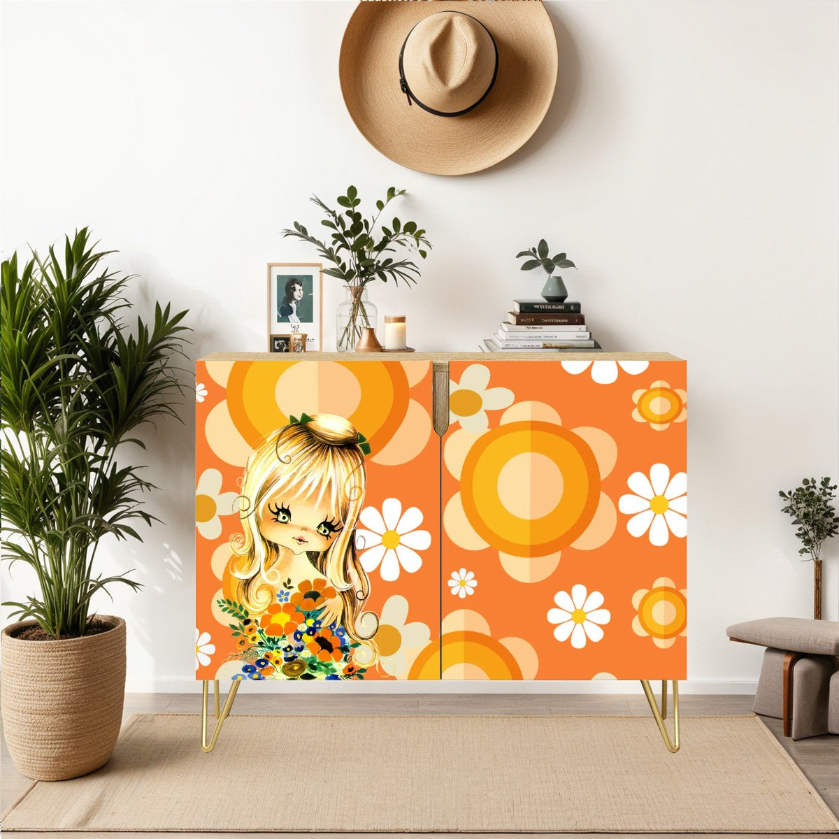 70s Flower Power Big Eyed Girl Retro Mod Orange Floral Wooden Storage Cabinet - Mid Century Modern Gal