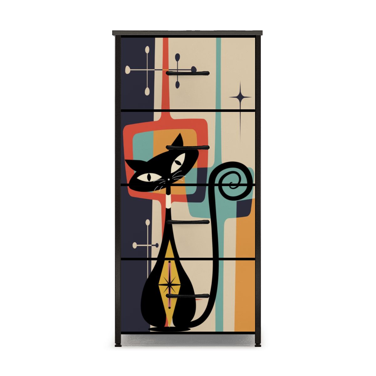 Mid Century Modern Atomic Cat, Mid Mod Geometric Designed 4-Drawer Dresser - Mid Century Modern Gal