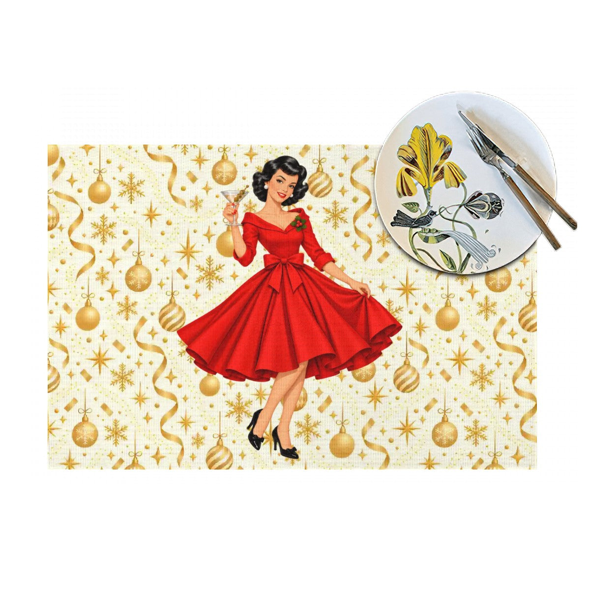 Mid Century Modern Christmas Martini Gal Placemat 1pc - Mid Century Modern Gal