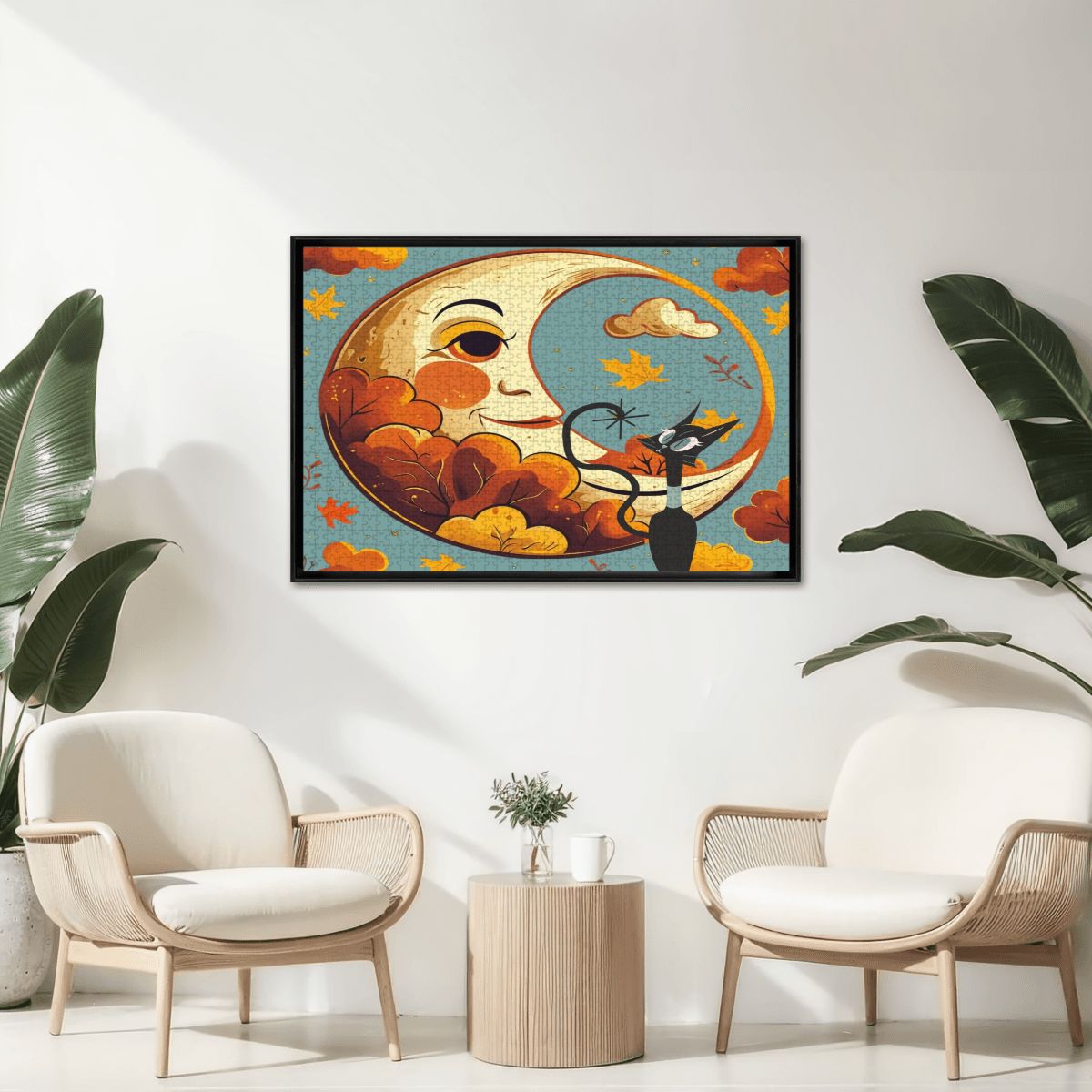 Atomic Celestial Moon, Kitschy Atomic Cat Harvest Halloween Wooden Jigsaw Puzzle - Mid Century Modern Gal