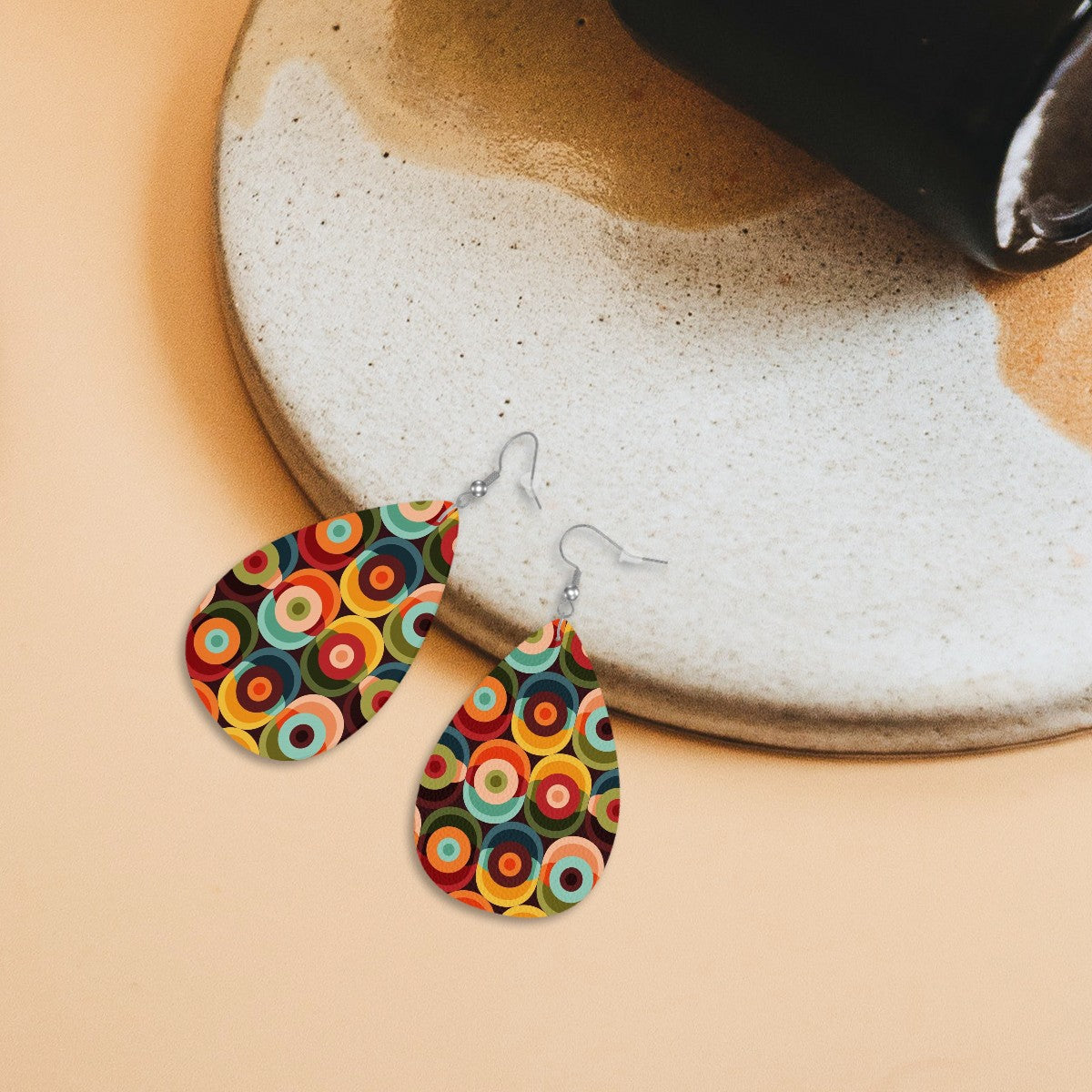 Retro 70s Groovy Mod Orbs, Mid Mod Trendy Faux Leather Teardrop Earrings - Mid Century Modern Gal