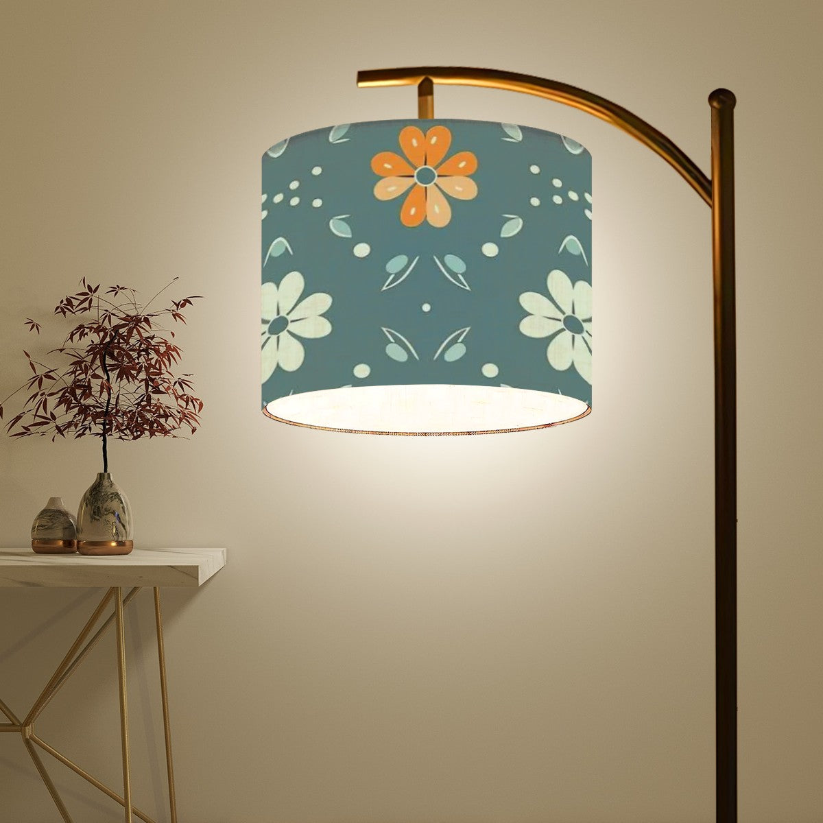 Mid Century Modern Scandinavian Blue, Orange Cram Retro Floral Arc Floor Lamp - Mid Century Modern Gal
