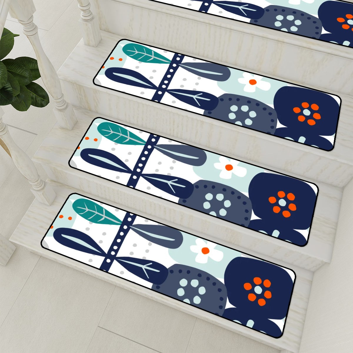 Mid Century Modern Hygge Modern Danish Blue, Orange Non Slip Carpet for Stairs Treads - Mid Century Modern Gal
