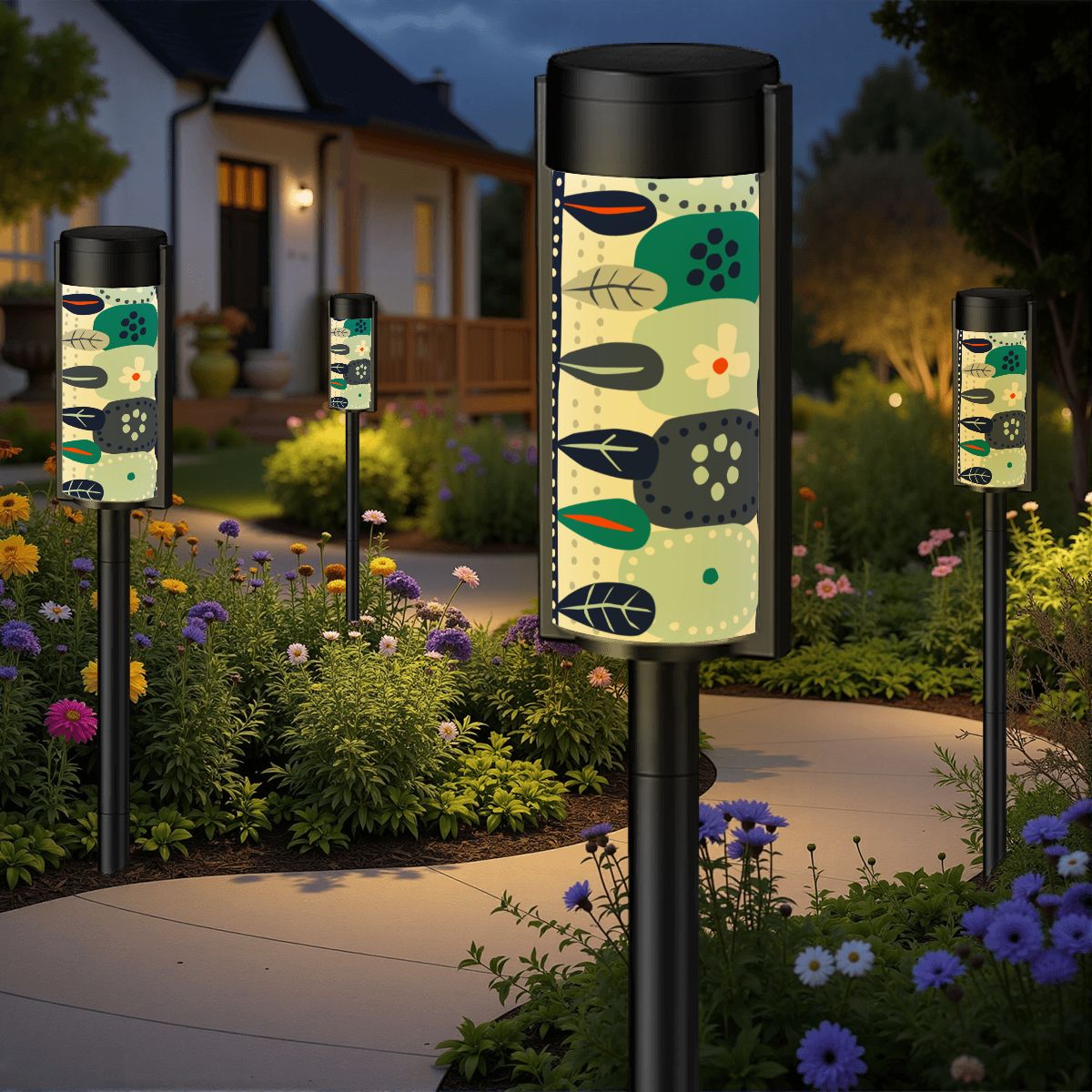 Mid Century Modern Danish Scandinavian Floral Blue, Orange Garden Stake Outdoor Solar Lights - Mid Century Modern Gal