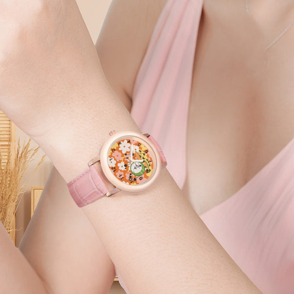 Groovy Retro Floral Orange, Pink Mid Mod Atomic Cat Women's Leather Watch