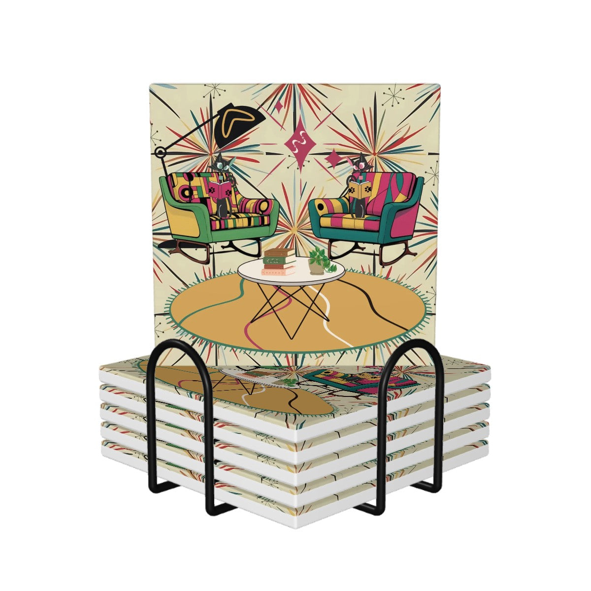 Atomic Reading Cats, Kitschy Mid Century Modern Square Ceramic Coasters 6 pcs - Mid Century Modern Gal