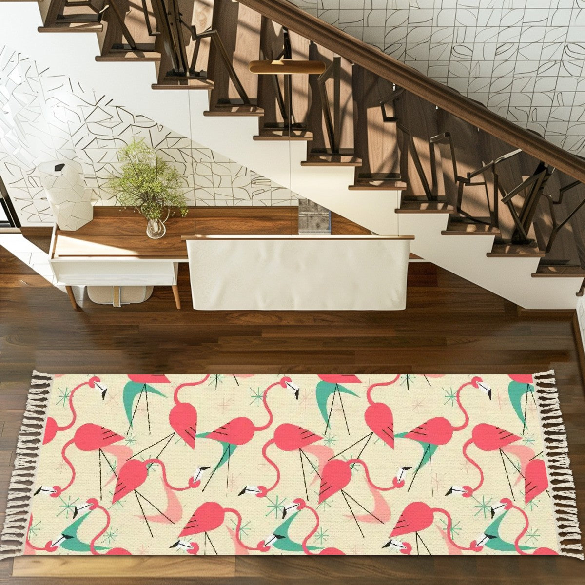 Mid Century Modern Kitschy Fun Dancing Flamingos Rug Runner With Tassels - Mid Century Modern Gal