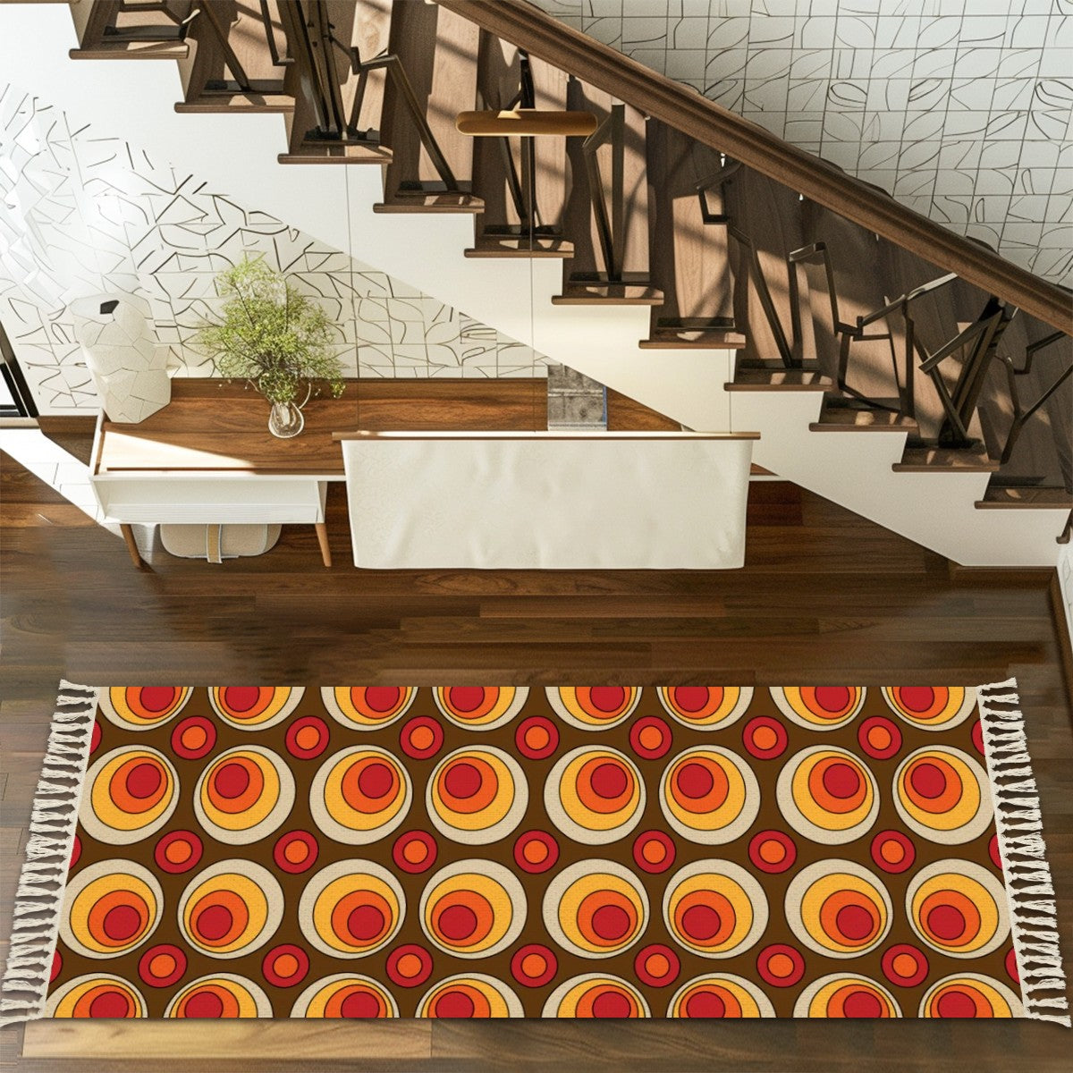 Mid Century Modern Groovy 70s Space Orbs, Brown Orange Yellow Rug Runner With Tassels - Mid Century Modern Gal