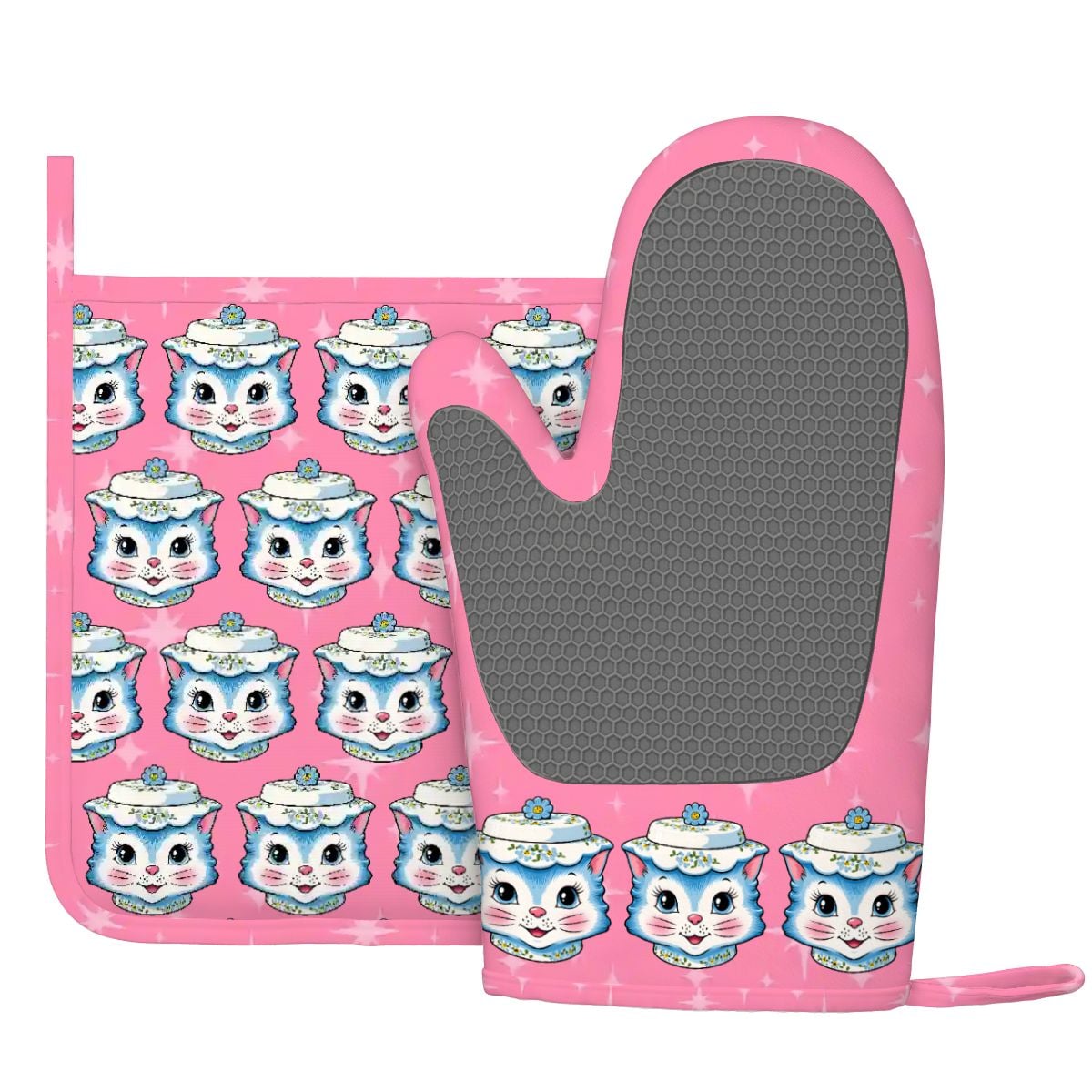 Mid Century Modern Kitschy Anthropomorphic Blue Cat with Floral Hat Silicone Oven Mitts and Pot Holders Set (Left Hand) - Mid Century Modern Gal