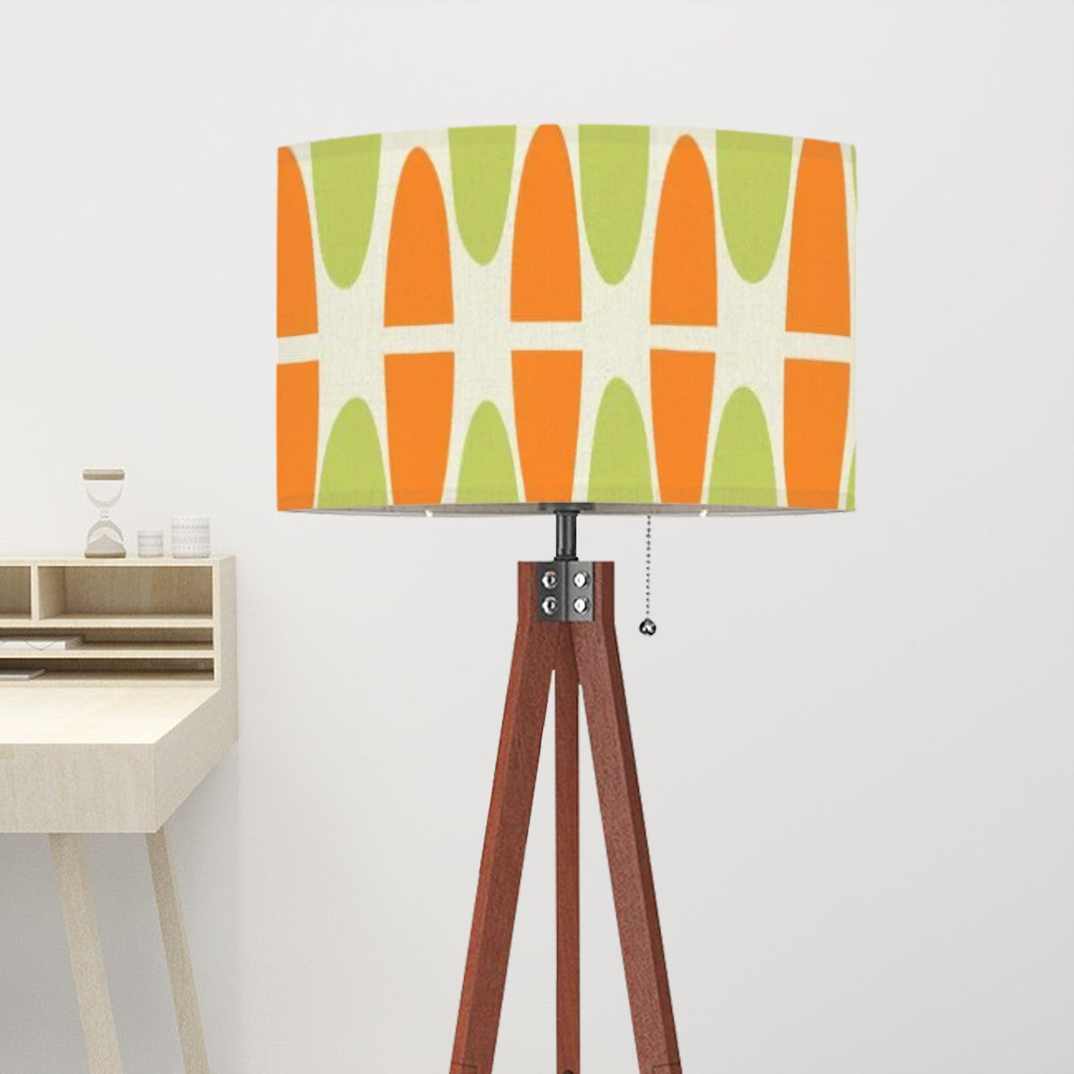 Groovy Green, Orange, Tiki Polynesian Inspired Mid Century Modern Tripod Floor Lamp - Mid Century Modern Gal