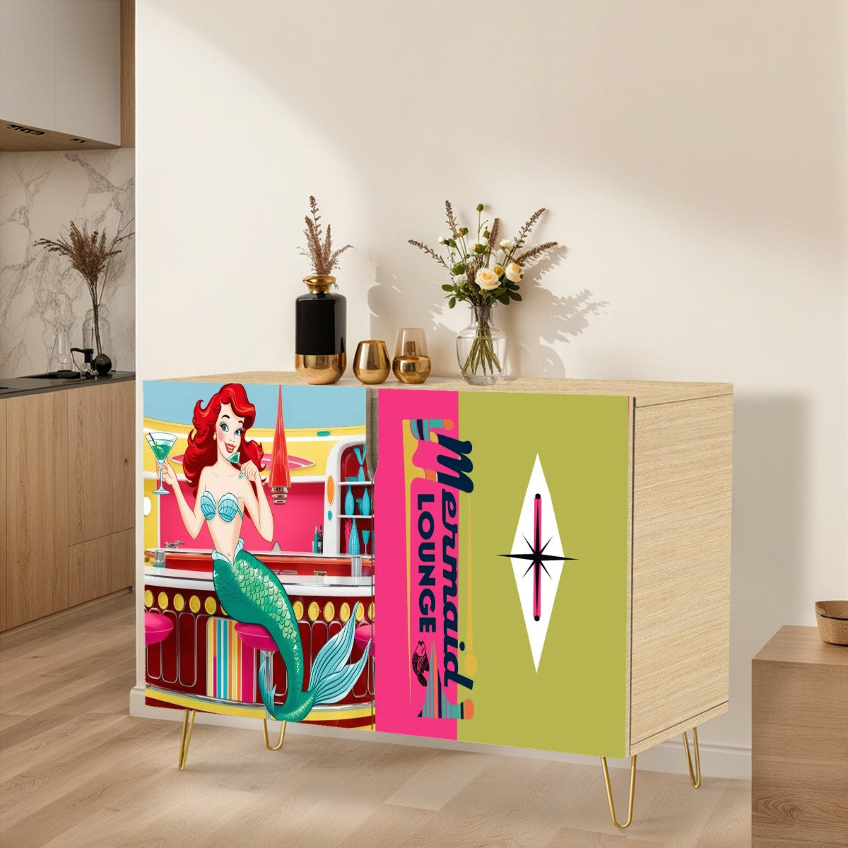 Mid Century Modern Mermaid Kitschy Hot Pink, Green Atomic Coctail MCM Bar Cabinet Wooden Storage Cabinet - Mid Century Modern Gal