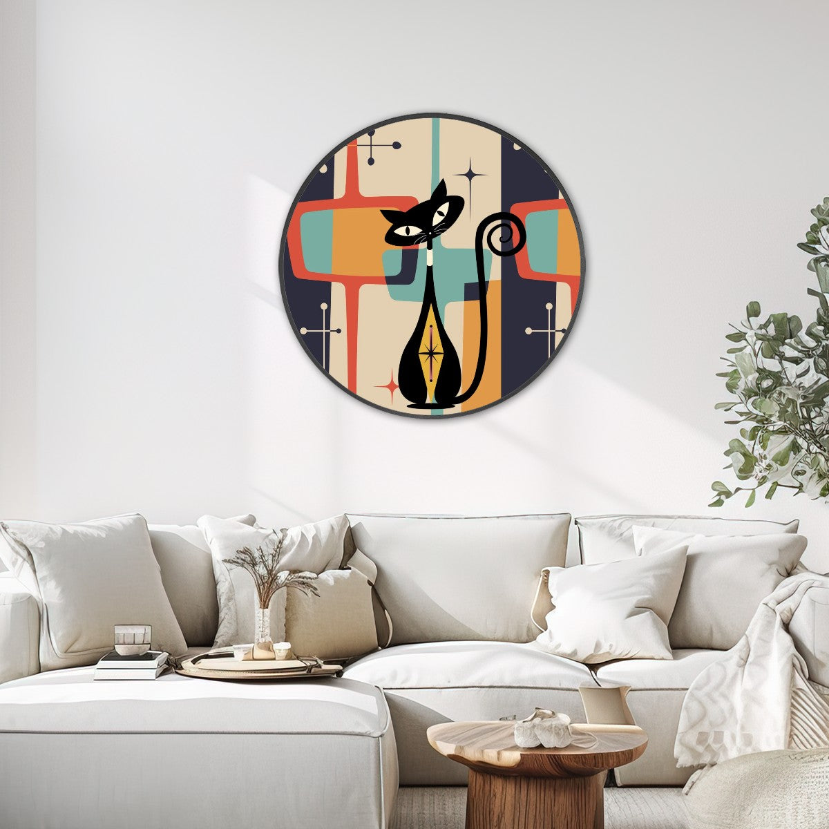 Mid Century Modern Atomic Cat Round Framed Canvas Wall Art - Mid Century Modern Gal