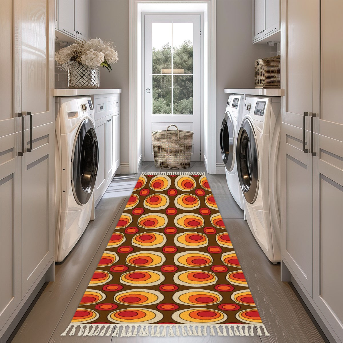 Mid Century Modern Groovy 70s Space Orbs, Brown Orange Yellow Rug Runner With Tassels - Mid Century Modern Gal