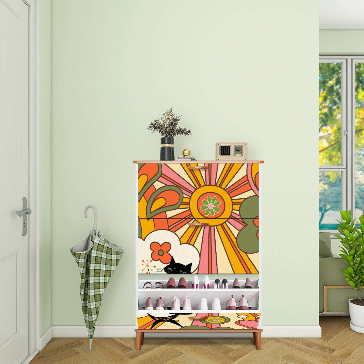 Retro Groovy 70s Sunshine Mid Mod Shoe Cabinet Adorned WIth Hippie Vibes And Atomic Cat - Mid Century Modern Gal