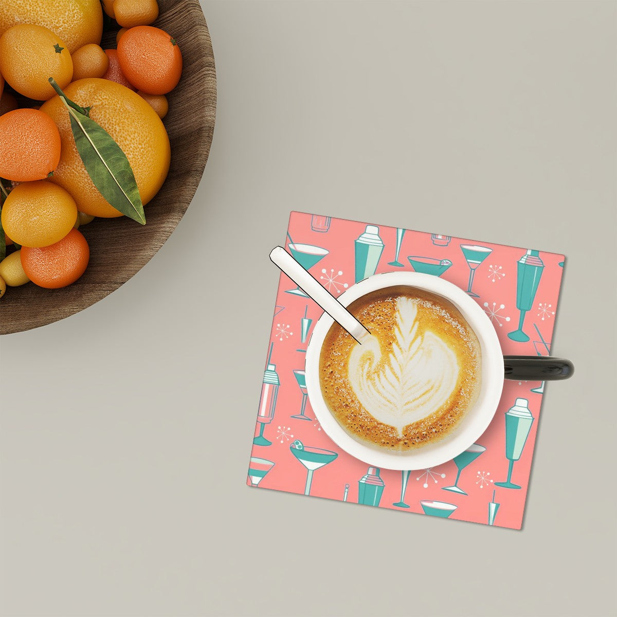 Palm Springs Cali Martini Bar Kitschy Mid Century Coral Aqua Square Ceramic Coasters Set of 6 - Mid Century Modern Gal