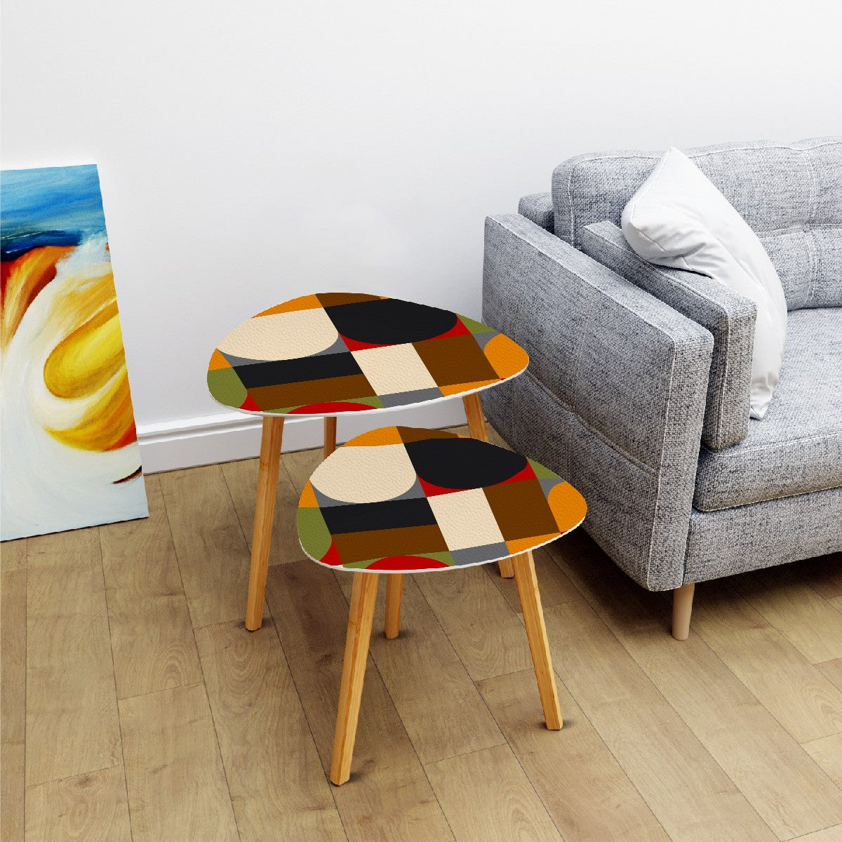 Mid Century Modern Nesting Tables In Geometric Mod Design, Black, Orange, Cream Green Mod Coffee Table - Mid Century Modern Gal