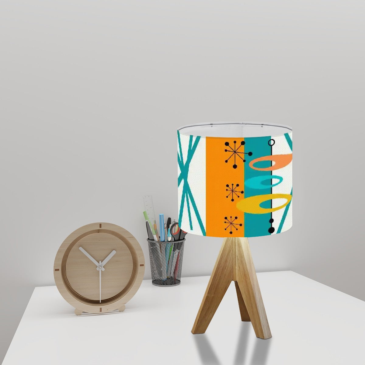 Mid Century Modern Tripod Table Lamp, Orange, Teal, Starbursts Googie Designs - Mid Century Modern Gal
