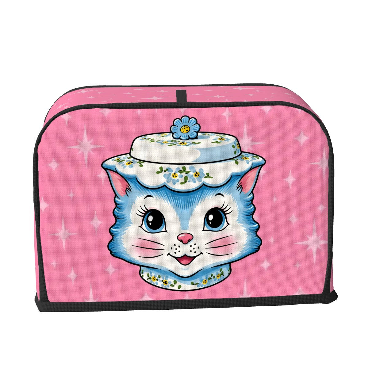 Mid Century Modern Kitschy Anthropomorphic Blue Cat with Floral Hat 2 Slice Toaster Cover - Mid Century Modern Gal
