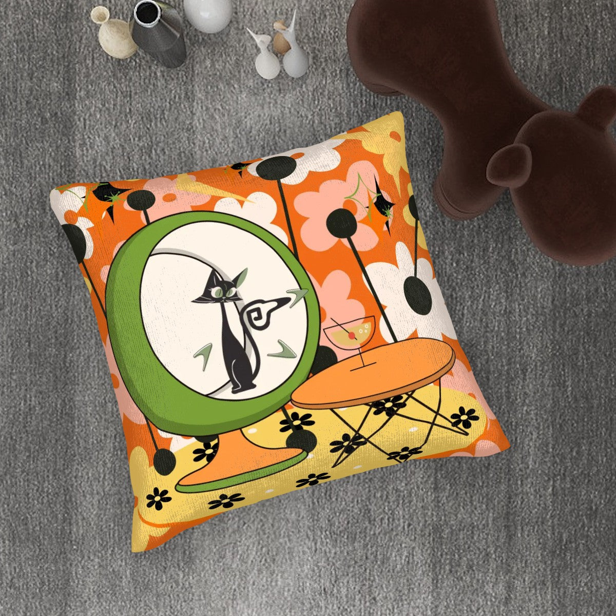 Retro Flower Power Groovy Cat Plush Throw Pillow Covers 2 pcs - Mid Century Modern Gal