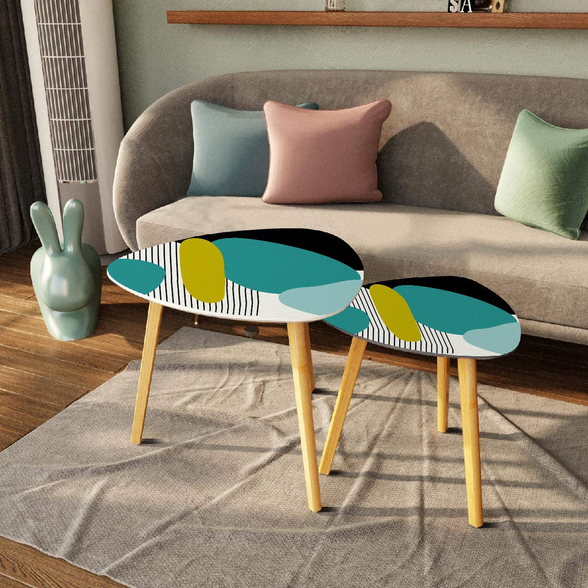 Mid Century Modern Geometric Teal, Green Black Aqua Mod Retro Nesting Tables - Mid Century Modern Gal