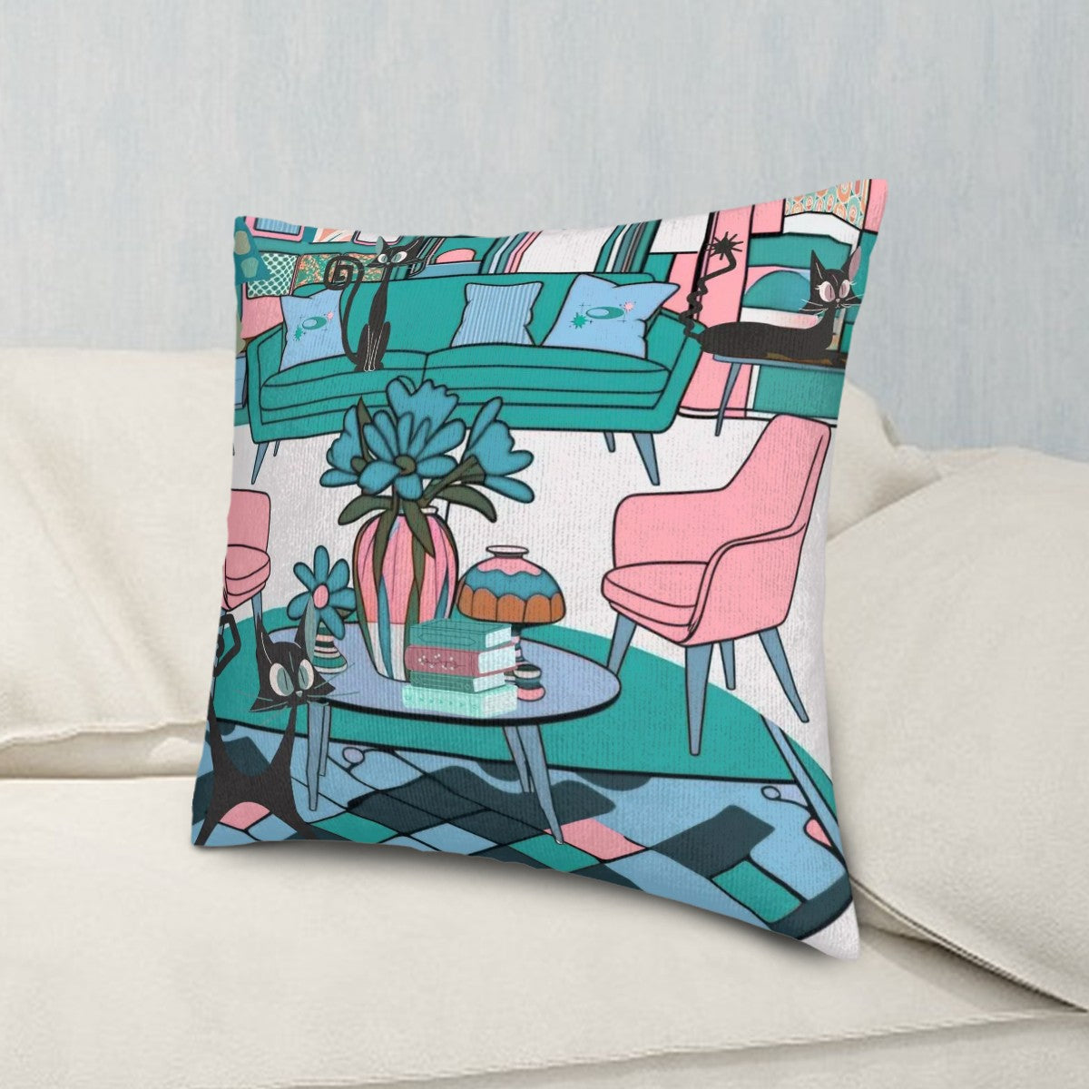 Mid Century Modern Atomic Cats, Kitschy Mod Livingroom Pillow Covers - Mid Century Modern Gal