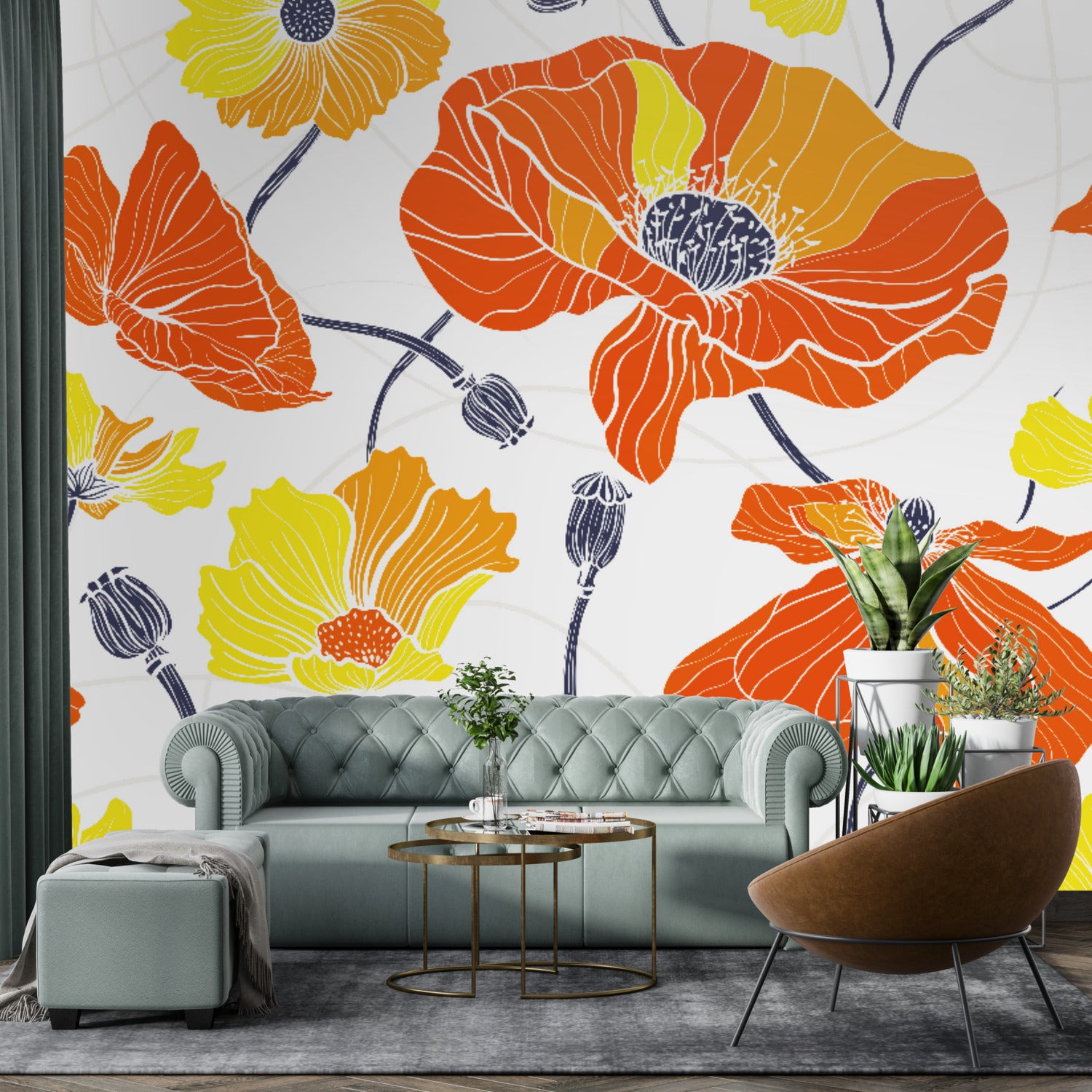 Vintage Poppy Orange Yellow Retro Florals, Mid Century Modern Wall Murals - Mid Century Modern Gal
