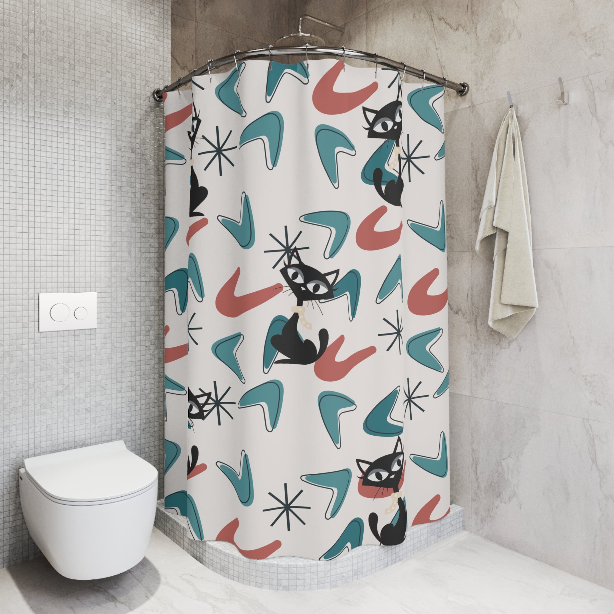 Atomic Cat Bathroom Shower Curtain, Kitschy MCM Boomerang Retro Bath Decor - Mid Century Modern Gal