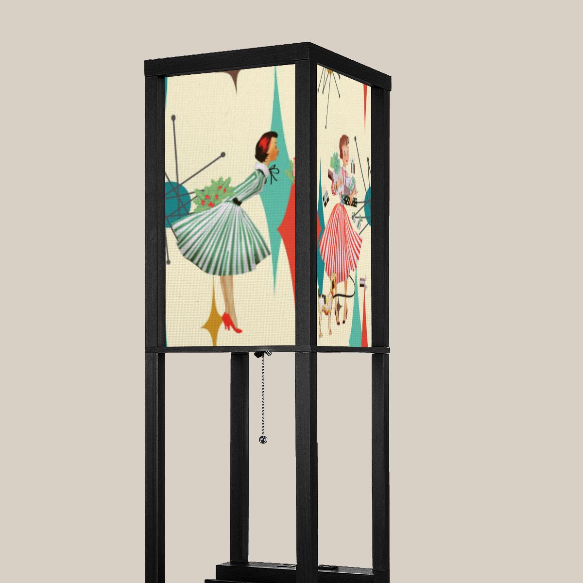 Mid Century Modern Christmas Lampshade for Floor Lamp with Shelves, Atomic Francisan Pattern And Kitschy Christmas Gals - Mid Century Modern Gal