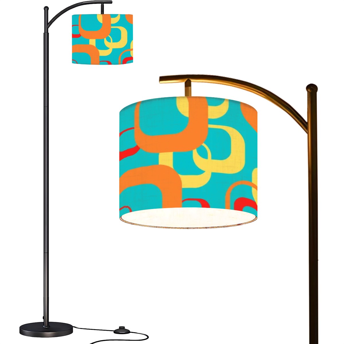 Mid Century Modern Aqua Blue, Orange Yellow, Geometric Designed Arc Floor Lamp - Mid Century Modern Gal