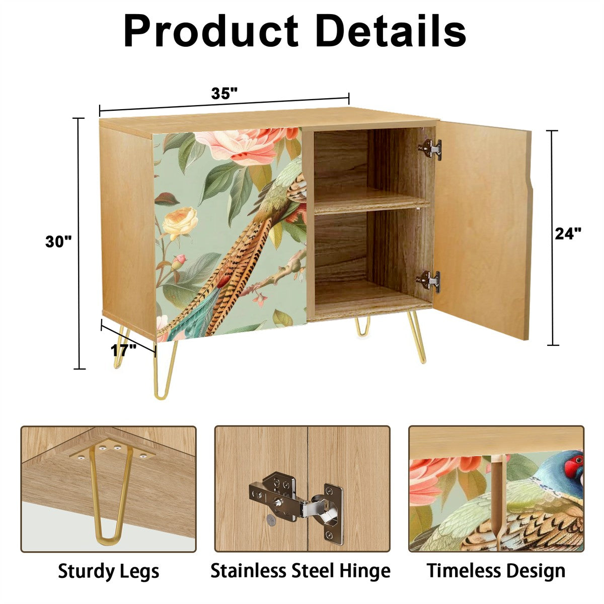 Chinoiserie Floral Pheasant Elegant Green Pink Sideboard Cabinet - Mid Century Modern Gal
