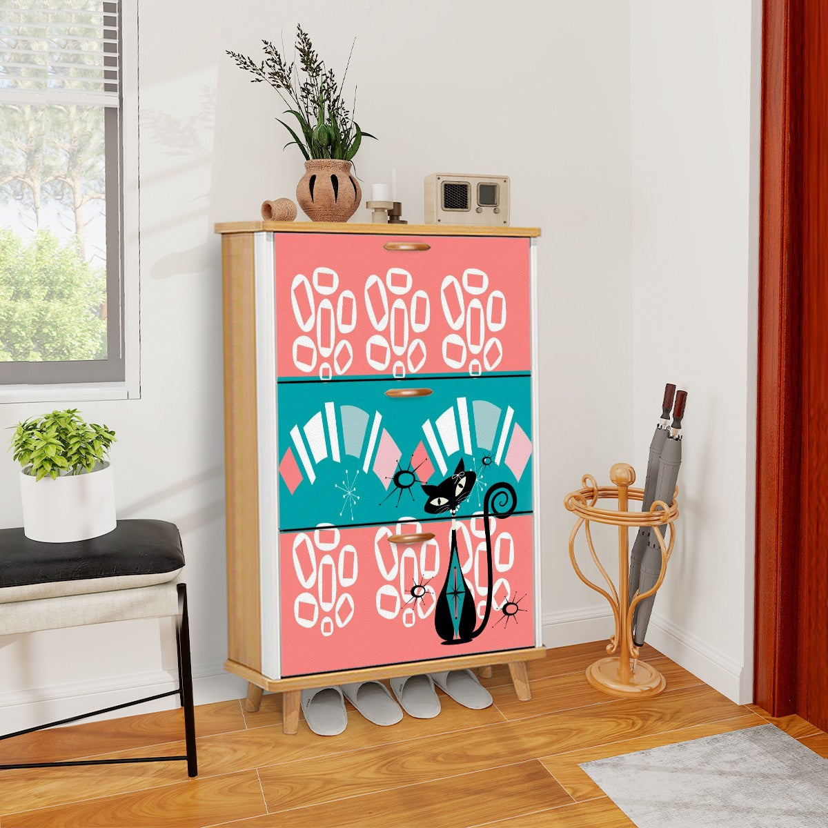 Mid Century Modern Storage Shoe Cabinet, Coral, Teal Kitschy Mod Cat Design - Mid Century Modern Gal