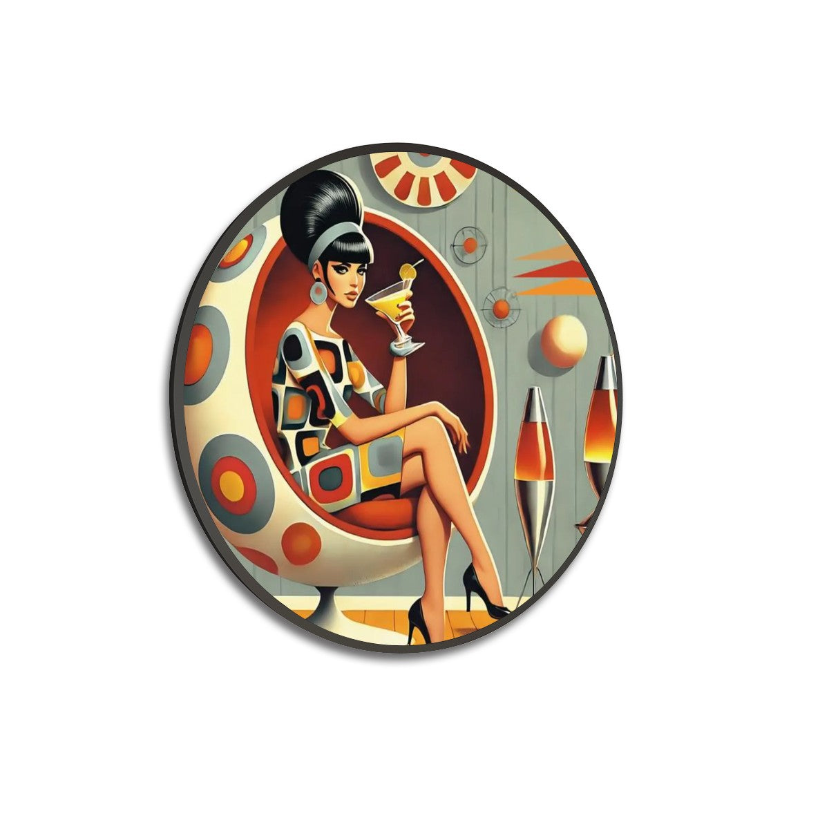 Mid Mod 60 Retro Gal Round Framed Canvas Wall Art - Mid Century Modern Gal